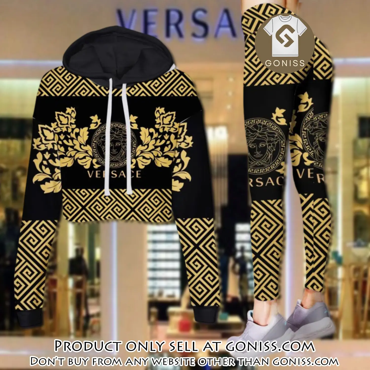 Versace medusa yellow pattern luxury brand clothes leggings and crop top set for women gn0115248